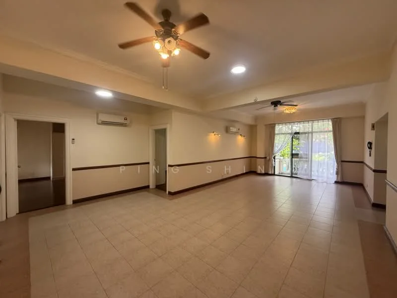 Living features: tile flooring, cream painted walls, crown moulding, 5-blade ceiling fan with light, recessed downlights, floor-to-ceiling windows, sliding glass door, sheer curtains, 1 wall-mounted split AC, decorative wall trim; style: modern; view: garden.