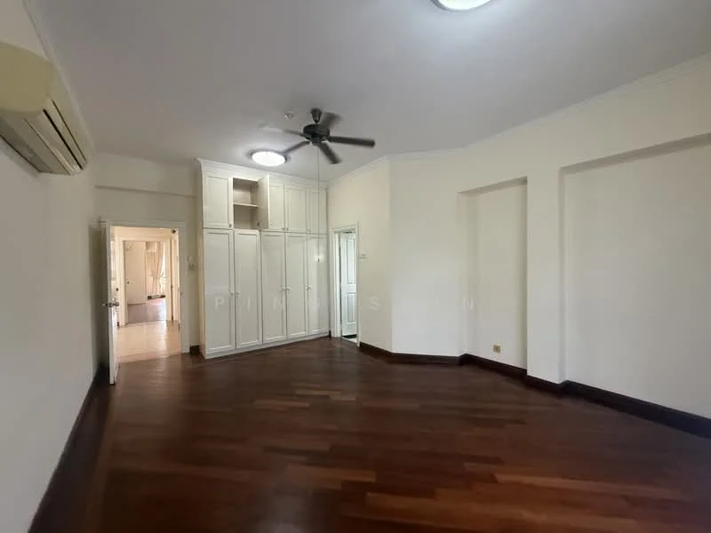 Room features: wooden flooring, white painted walls, ceiling fan, built-in wardrobes, recessed ceiling lights, air conditioning unit, doorway leading to another room, corner wall with no features; style: modern.