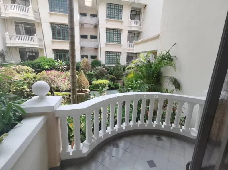 Room features: curved balcony railing, grey tiled flooring, potted plants, garden view, surrounding greenery, decorative stone planters, balcony with space for seating; style: modern; view: garden.