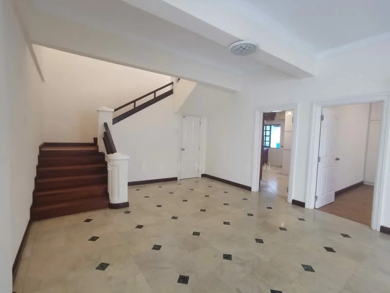 Room features: marble tile flooring, white painted walls, crown moulding, staircase with wooden handrail, doorway leading to another room, doorway leading to bathroom, windows allowing natural light, decorative ceiling light; style: modern.