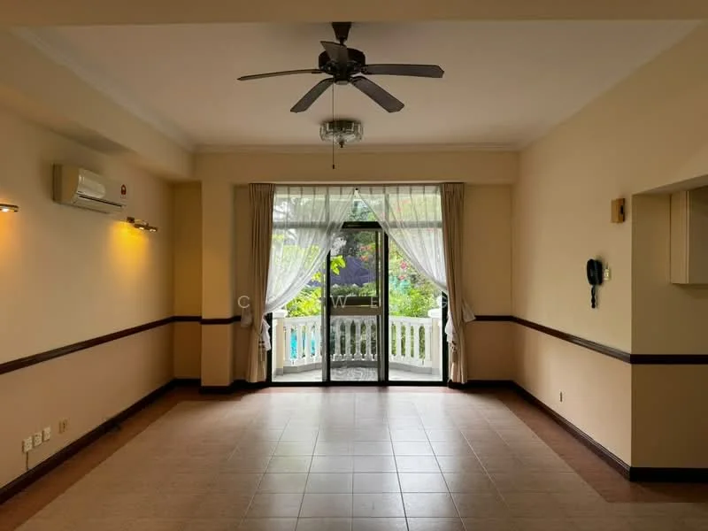 Living features: tiled flooring, cream painted walls, ceiling fan, sliding glass door, sheer curtains, wall-mounted split AC, recessed lighting, telephone wall unit, decorative wall trim; view: garden.