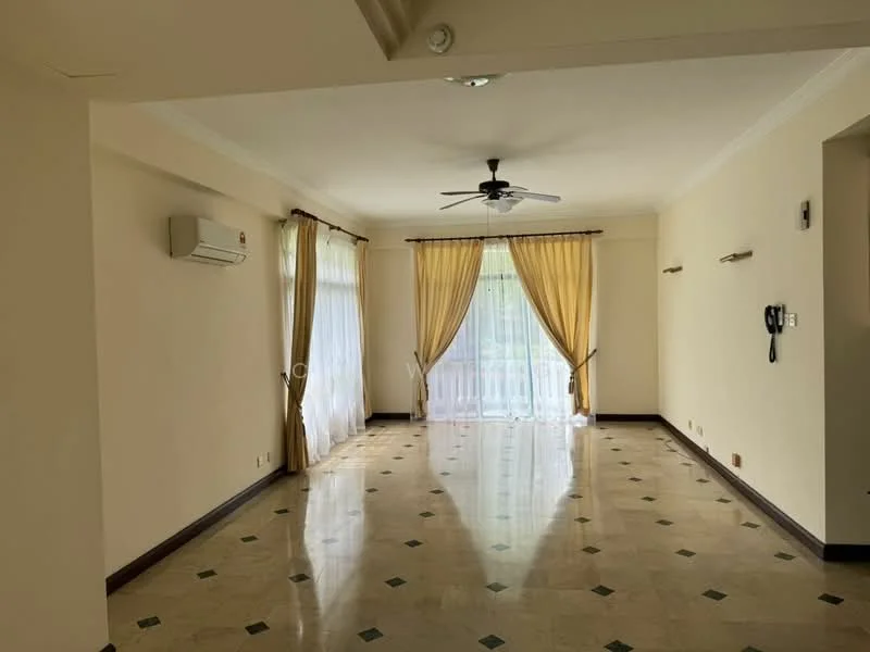 Living features: marble tile flooring, white painted walls, tray ceiling, 5-blade ceiling fan with light, floor-to-ceiling windows, sheer curtains, double curtains, wall-mounted intercom, 1 wall-mounted split AC; style: modern; view: garden.