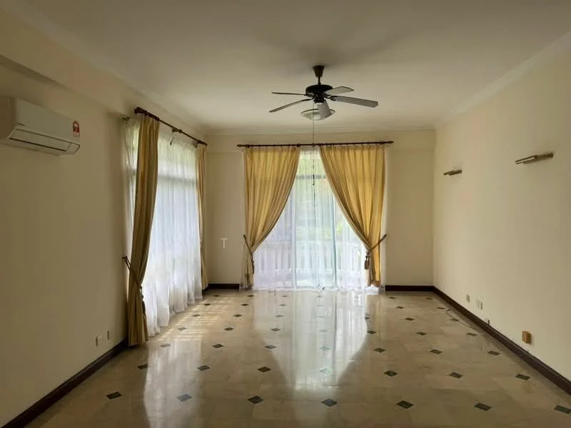 Living features: cream painted walls, marble tile flooring, 5-blade ceiling fan with light, floor-to-ceiling windows, sheer curtains, curtains in beige, sliding glass door, balcony access, wall-mounted split AC; style: modern.