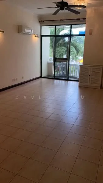 Living features: cream painted walls, tile flooring, 5-blade ceiling fan, floor-to-ceiling windows, sliding glass door, balcony access, air conditioning unit, built-in cabinetry; style: modern; view: garden.