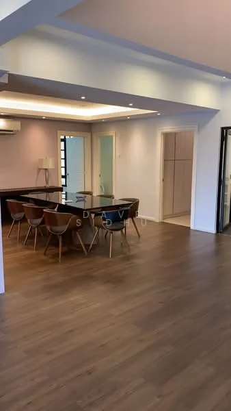 Dining features: wooden dining table, 6 dining chairs, recessed ceiling lights, wall-mounted air conditioning unit, laminate flooring, neutral wall color, floor-to-ceiling glass door, open layout to adjacent rooms; style: modern. Room features: white painted walls, doorway leading to another room, light-colored cabinetry.