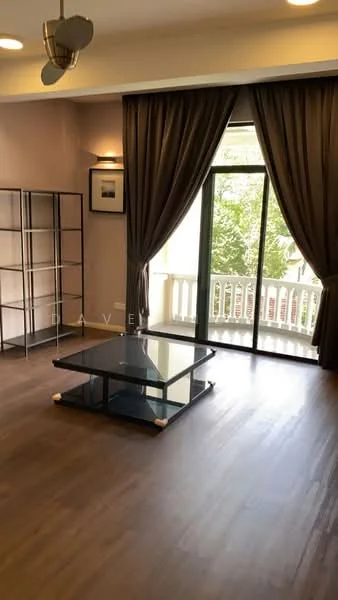 Living features: wooden flooring, 5-blade ceiling fan, large sliding glass door, floor-to-ceiling windows, sheer curtains, dark brown curtain drapes, glass coffee table, open shelving unit, neutral wall color, decorative wall art, natural light from windows; style: modern; view: garden.