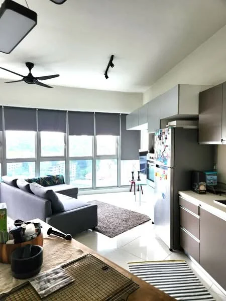 Living features: grey fabric sofa, area rug with geometric pattern, floor-to-ceiling windows, blackout roller blinds, 5-blade ceiling fan with light, wall-mounted TV, coffee table, decorative items on shelves, open shelving, light-colored walls, white tile flooring; style: modern; view: city. Kitchen features: stainless-steel fridge, built-in oven, freestanding range oven, kitchen cabinetry in dark wood, countertop with breakfast bar, sink, microwave, kettle, toaster; style: modern.