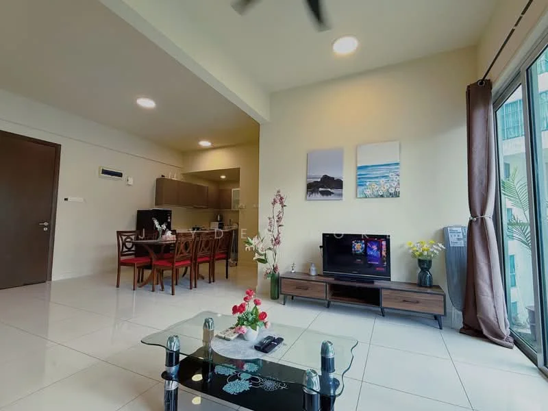 Living features: white painted walls, glossy tile flooring, 5-blade ceiling fan with light, wall-mounted TV, wooden TV console, glass coffee table, decorative flowers, framed artwork, large sliding glass door, curtains, sofa set, dining table with chairs; style: modern.