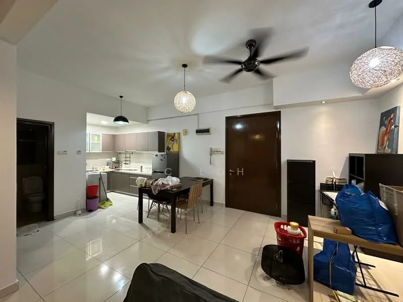 Living features: white painted walls, glossy tile flooring, 5-blade ceiling fan with light, 2 pendant lamps, dining table with 4 chairs, sofa, decorative artwork on wall, open layout to kitchen, large window, storage cabinet, basket with items; style: modern. Kitchen features: white cabinetry, stainless-steel fridge, built-in oven, ceramic cooktop, countertop with sink, tile backsplash, window above sink; style: modern.