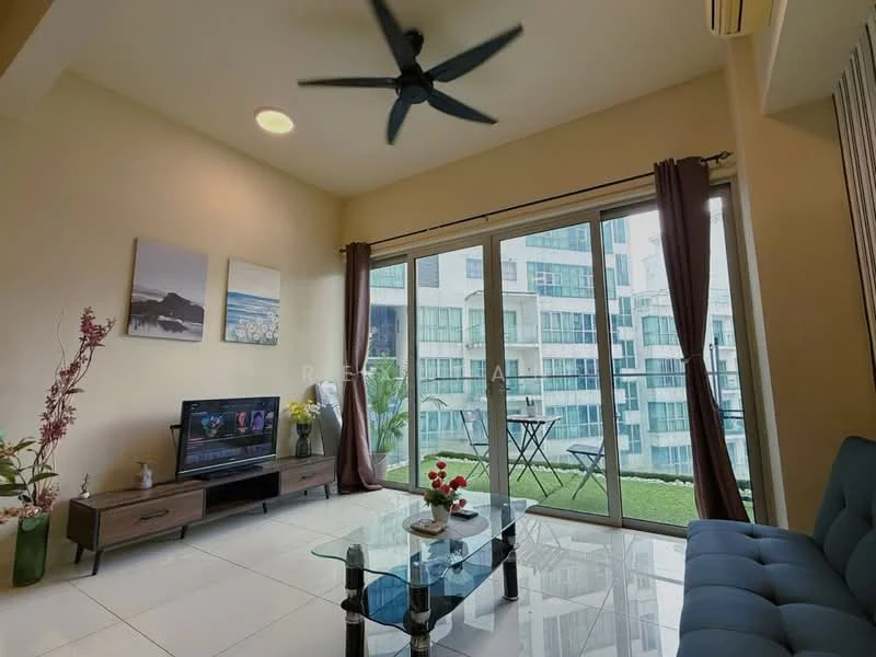 Living features: 3-seater fabric sofa in blue, glass coffee table, TV console, wall-mounted TV, floor-to-ceiling windows, sliding glass door, curtains, ceiling fan with light, decorative plant, framed artwork, area rug, balcony view of greenery; style: modern; view: garden.