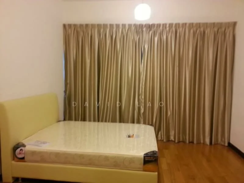 Bedroom features: queen-size bed, beige upholstered headboard, wooden flooring, cream painted walls, floor-to-ceiling curtains in beige, ceiling light fixture, empty mattress, decorative throw blanket; style: modern.