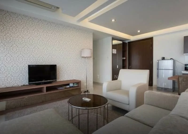 Living features: light grey fabric sofa, white armchair, glass coffee table, wooden TV console, wall-mounted TV, decorative wall with patterned wallpaper, recessed ceiling lights, air conditioning unit, carpet flooring, floor-to-ceiling windows, lampshade floor lamp, dark wooden door, stainless-steel fridge; style: modern.