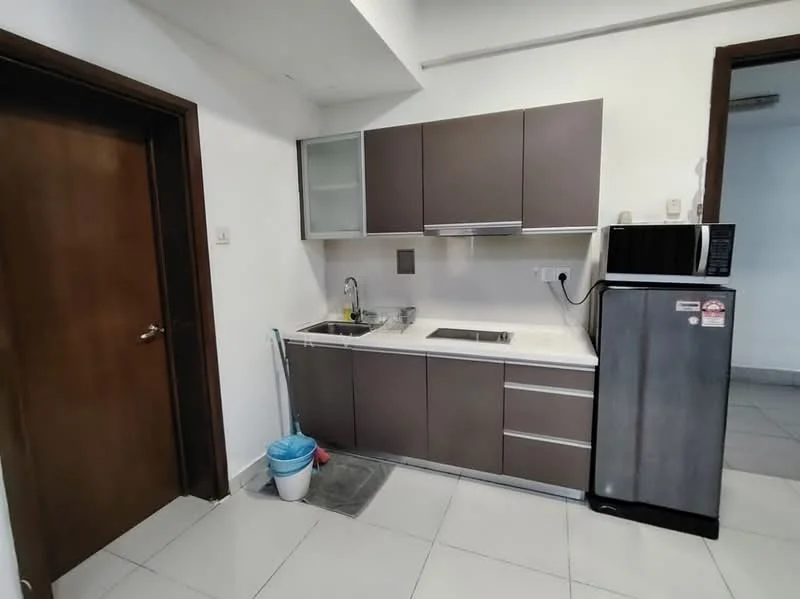 Kitchen features: brown flat-panel cabinets, white countertop, single-bowl stainless-steel sink, chrome pull-down faucet, built-in electric stove, microwave, stainless-steel fridge, ceramic tile flooring, white walls, recessed lighting, window above sink, kitchen trash bin; style: modern.