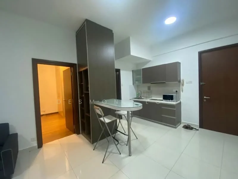Kitchen features: white painted walls, glossy tile flooring, kitchen cabinetry in dark brown, built-in microwave, stainless-steel sink, chrome pull-down faucet, countertop with breakfast bar, recessed downlights, open shelving, stool seating, fridge, kitchen island; style: modern. Room features: white painted walls, glossy tile flooring, doorway leading to another room, light fixture.