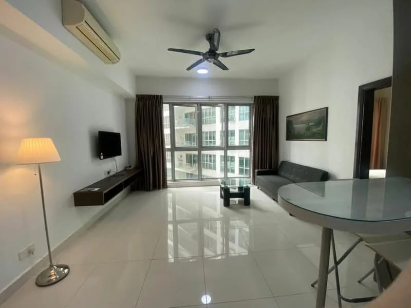 Living features: white painted walls, glossy tile flooring, 5-blade ceiling fan with light, floor-to-ceiling windows, sliding glass door, dark brown curtains, black leather sofa, wall-mounted TV, wooden TV console, glass coffee table, round dining table, chrome dining chairs, decorative painting on wall, lamp with white shade; style: modern; view: city.