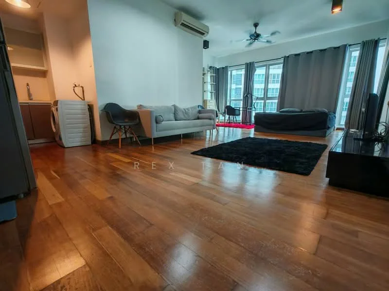 Living features: wooden flooring, grey fabric sofa, black area rug, floor-to-ceiling windows, black coffee table, ceiling fan, curtains, TV console, wall-mounted TV; style: modern; view: city.