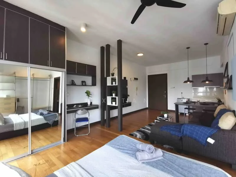Bedroom features: wooden flooring, white painted walls, ceiling fan, built-in wardrobe with sliding mirror doors, study desk with chair, wall-mounted shelves, 2-seater fabric sofa in dark grey, queen-size bed with blue bedding, decorative throw pillows, table lamp, window with sheer curtains; style: modern.