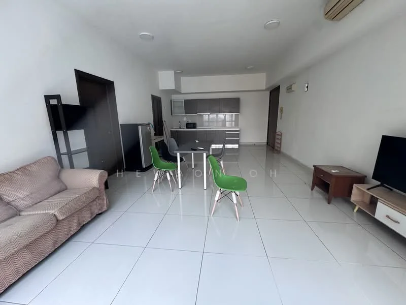 Living features: white painted walls, glossy white tile flooring, 3-seater fabric sofa in beige, 2 green dining chairs, wooden coffee table, wall-mounted TV, air conditioning unit, open-plan layout to kitchen; style: modern. Kitchen features: grey cabinetry, stainless-steel sink, built-in oven, freestanding range oven, microwave, refrigerator, countertop with bar seating; style: modern.
