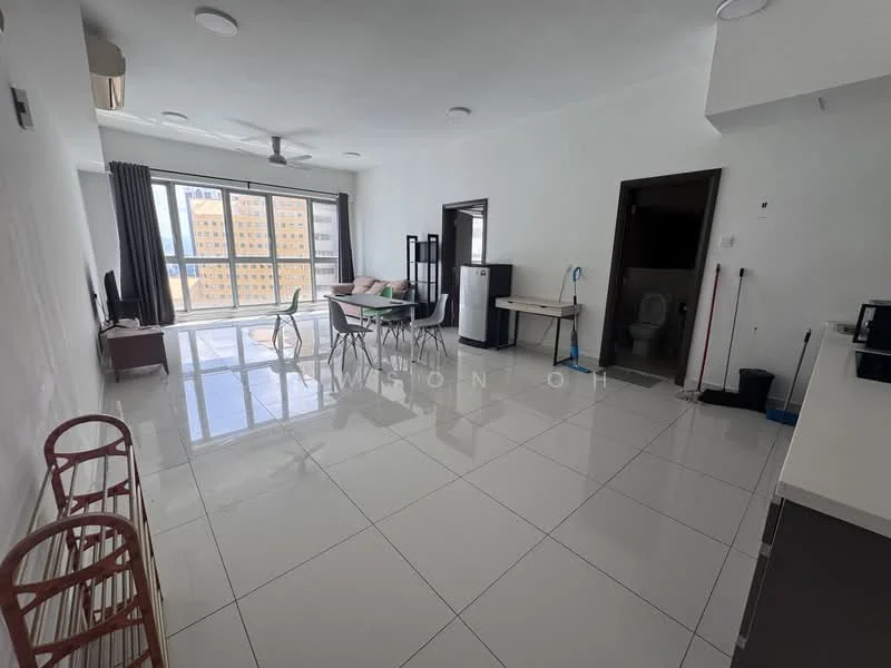 Living features: white painted walls, glossy white tile flooring, 5-blade ceiling fan with light, floor-to-ceiling windows, grey curtains, TV console, wall-mounted TV, dining table with chairs, refrigerator, kitchen counter, open layout, natural light, decorative shelving unit; style: modern; view: city.