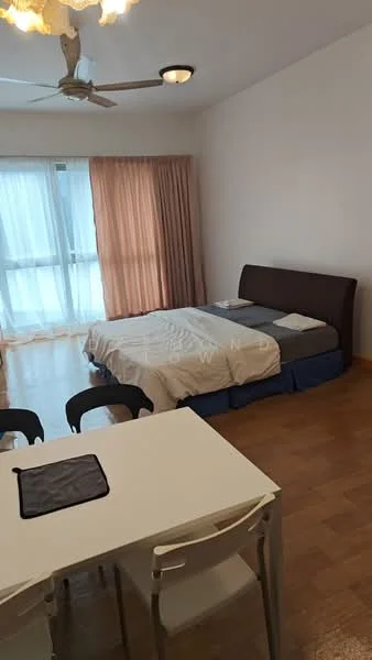 Bedroom features: queen-size bed, upholstered headboard, bedside lamps, wooden flooring, 5-blade ceiling fan, floor-to-ceiling windows, sheer curtains, light-colored walls, decorative ceiling light; style: modern. Dining features: 4-seater dining table, white plastic chairs, tablecloth, wooden flooring; style: modern.