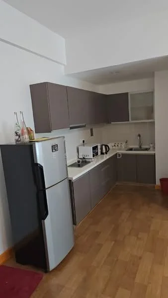 Kitchen features: grey flat-panel cabinets, white countertop, stainless-steel sink, chrome pull-down faucet, built-in microwave, stainless-steel fridge, freestanding electric kettle, toaster, wooden flooring, wall-mounted cabinet, open shelving; style: modern.