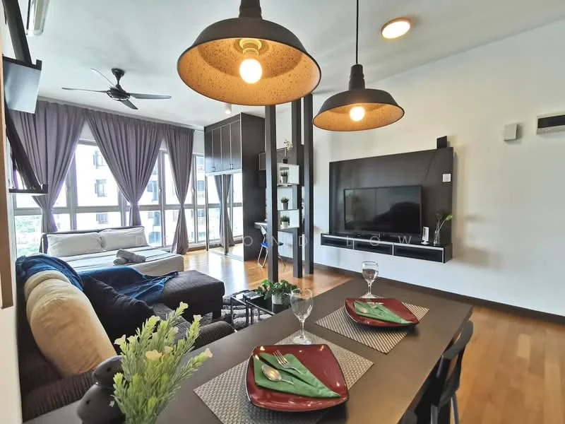 Living features: 3-seater fabric sofa in beige, 2-seater fabric sofa in dark blue, coffee table, wall-mounted TV, TV console, ceiling fan with light, floor-to-ceiling windows, curtains in dark grey, wooden flooring, decorative plants, dining table for 2 with plates and glasses; style: modern; view: garden.