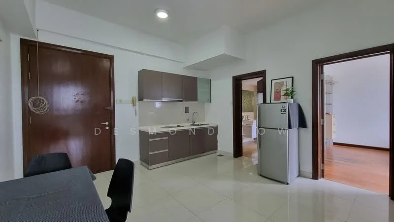Kitchen features: white painted walls, glossy tile flooring, brown cabinetry, stainless-steel fridge, built-in sink, chrome faucet, countertop with space for appliances, recessed ceiling lights; style: modern. Room features: wooden flooring, doorway leading to another room.