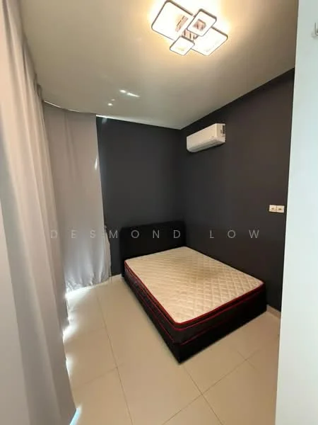 Bedroom features: queen-size bed frame, mattress without bedding, dark grey accent wall, light grey curtains, wall-mounted air conditioning unit, recessed ceiling light, tile flooring, white walls; style: modern.