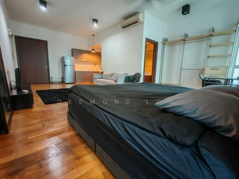 Bedroom features: king-size bed with black bedding, wooden flooring, wall-mounted air conditioning unit, floor-to-ceiling windows, blackout curtains, built-in wardrobe with open shelving, decorative wall with TV console, recessed downlights; style: modern; view: city. Living features: fabric sofa in light grey, coffee table, open kitchen area visible, dining table with chairs, refrigerator, kitchen cabinetry, pendant lighting, wall-mounted TV; style: modern.