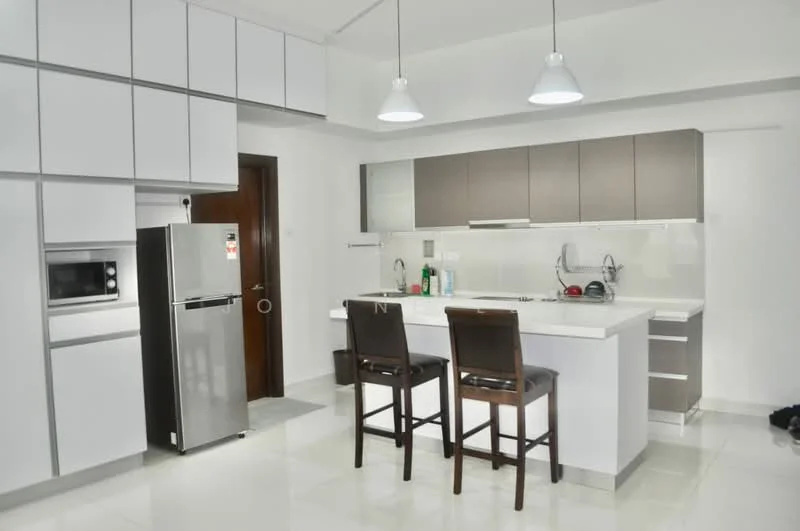 Kitchen features: white cabinetry with flat-panel doors, grey lower cabinets, quartz countertop, stainless-steel single-bowl sink, chrome pull-down faucet, built-in microwave, stainless-steel fridge, 4-burner gas hob, exhaust hood, pendant lighting, tile flooring, open layout, bar seating with 2 stools; style: modern.