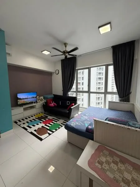 Bedroom features: queen-size bed with patterned bedding, black fabric sofa, TV on white console, floor-to-ceiling windows, grey curtains, white tiled flooring, ceiling fan with light, decorative area rug with geometric pattern, wall clock, accent wall in purple, built-in wardrobe; style: modern; view: city.