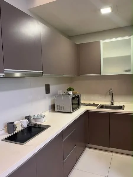 Kitchen features: brown cabinetry, white countertop, single-bowl stainless-steel sink, chrome pull-down faucet, built-in microwave, electric cooktop, kitchen utensils, decorative plant, tile backsplash, under-cabinet lighting; style: modern.