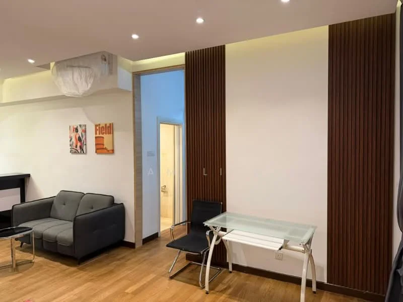 Living features: grey fabric sofa, glass coffee table, wooden accent wall, white painted walls, recessed LED downlights, wooden flooring, framed artwork, black dining chair, open layout; style: modern.
