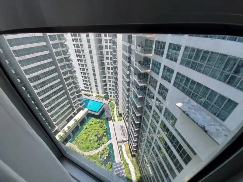 Exterior type: high-rise condominium; features: glass curtain wall, swimming pool, landscaped garden, recessed balconies, multiple storeys, surrounded by greenery; style: modern.