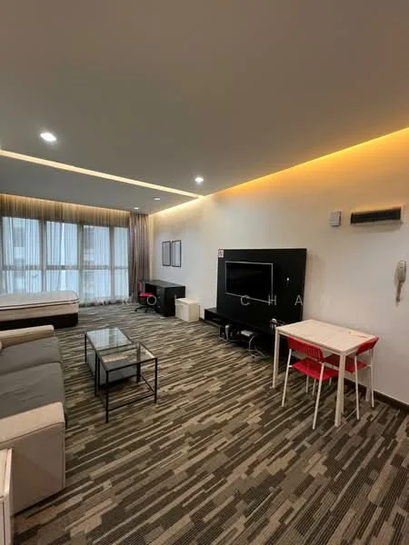 Living features: grey fabric sofa, glass coffee table, wall-mounted TV, black TV console, white dining table with red chairs, carpeted flooring with geometric pattern, floor-to-ceiling windows with sheer curtains, wall-mounted air conditioning unit, recessed LED downlights, decorative wall paneling, telephone on wall; style: modern.