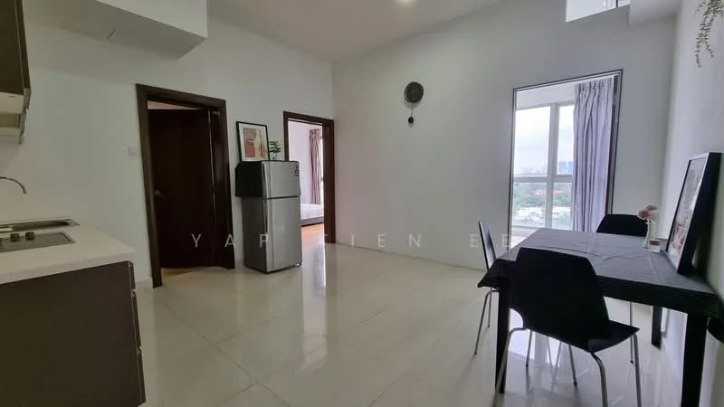Kitchen features: white cabinets, stainless-steel fridge, built-in stove, white countertop, ceramic tile flooring, recessed downlights, open layout, wall-mounted clock; style: modern; view: city. Dining features: black dining table, 4 black chairs, window with sheer curtains; style: modern; view: city.