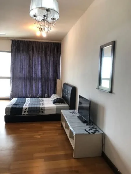 Bedroom features: queen-size bed with upholstered headboard, wooden flooring, purple curtains, chandelier light fixture, wall-mounted mirror, TV on console, white TV console, decorative wall art; style: modern.