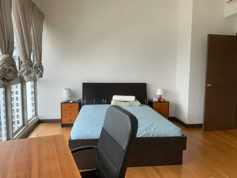 Bedroom features: queen-size bed with dark wood frame, light blue bedding, two bedside tables with drawers, table lamps on each bedside table, large floor-to-ceiling windows with curtains, wooden flooring, study desk with black office chair, white painted walls, dark wood door; style: modern; view: city.