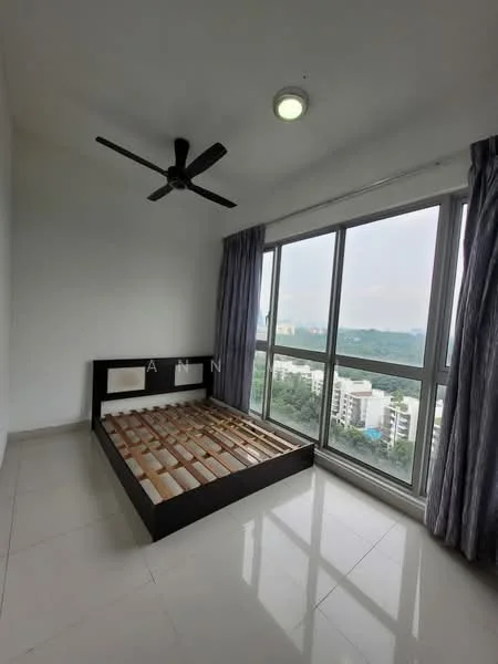 Bedroom features: floor-to-ceiling windows, city view, white painted walls, ceiling fan, light fixture, tile flooring, black bed frame with slatted base, curtains, natural light; style: modern; view: city.