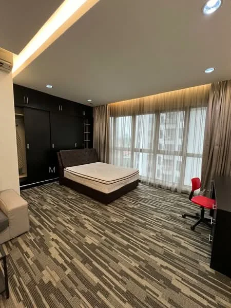 Bedroom features: queen-size bed frame without mattress, built-in wardrobe with sliding doors, large windows with sheer curtains, recessed ceiling lights, wall-mounted air conditioning unit, study desk with chair, carpet flooring with geometric pattern, neutral wall colour; style: modern.