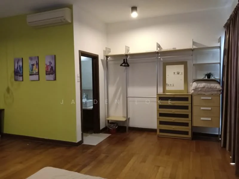 Bedroom features: wooden flooring, green painted walls, built-in wardrobe with open shelving, chest of drawers, wall-mounted mirror, recessed ceiling light, air conditioning unit, curtains, en-suite bathroom visible through door; style: modern.
