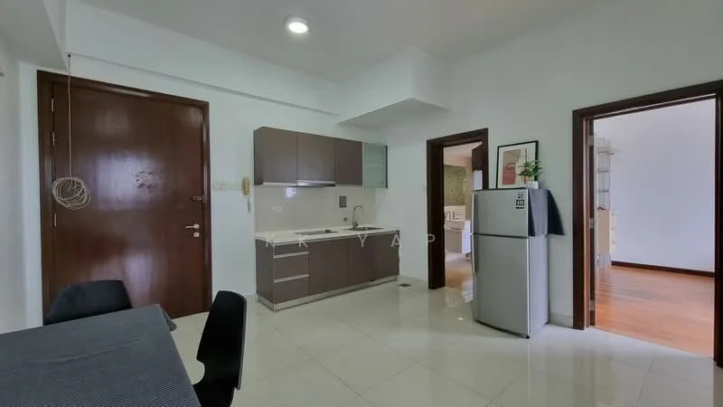 Kitchen features: white cabinets, grey countertop, stainless-steel sink, chrome pull-down faucet, built-in stove, refrigerator, white tiled backsplash, ceramic tile flooring, recessed downlights; style: modern. Dining features: dining table, black dining chairs; style: modern.