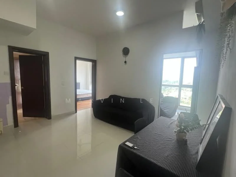Room features: white painted walls, glossy tile flooring, ceiling light, floor-to-ceiling window, black fabric sofa, dining table with black tablecloth, decorative wall clock, window with view, doorway leading to another room; style: modern; view: city.