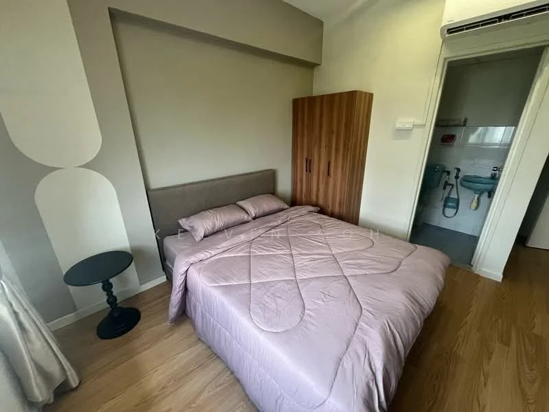 Bedroom features: queen-size bed with pink quilt, upholstered headboard, wooden wardrobe, nightstand with black finish, laminate flooring, cream painted walls, curtains, doorway leading to bathroom; style: modern.