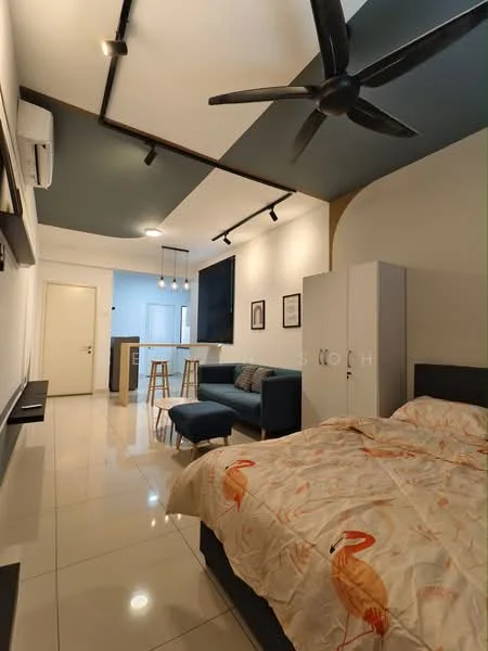 Bedroom features: king-size bed with patterned bedding, upholstered headboard, 2 bedside lamps, wall-mounted TV, built-in wardrobe with sliding doors, sofa with cushions, dining table with 2 stools, white painted walls, polished tile flooring, ceiling fan with 5 blades, recessed downlights, air conditioning unit; style: modern.
