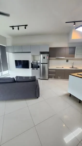 Kitchen features: grey and white cabinetry, stainless-steel fridge, built-in oven, ceramic cooktop, white quartz countertop, single-bowl stainless-steel sink, chrome pull-down faucet, wall-mounted TV, recessed downlights, large windows with roller blinds, open-plan layout, polished tile flooring, sofa in grey fabric, kitchen island with seating; style: modern; view: city.