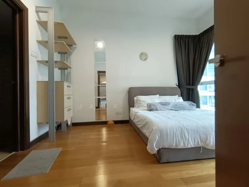 Bedroom features: queen-size bed with grey upholstered headboard, white bedding, wooden flooring, floor-to-ceiling windows, blackout curtains, decorative wall clock, built-in wardrobe, open shelving unit, mirror, area rug; style: modern; view: city.