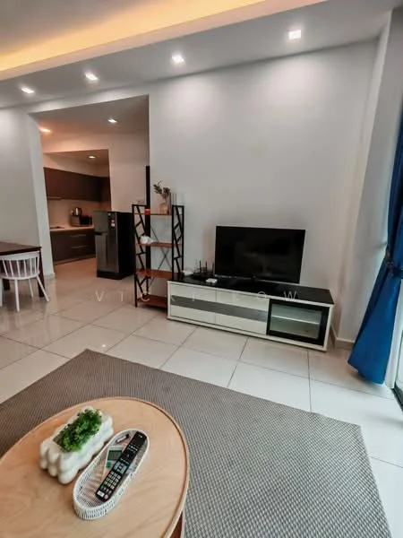 Living features: white painted walls, recessed downlights, floor-to-ceiling windows, grey area rug, light wood coffee table, black TV console, wall-mounted TV, black and white decorative shelving unit, blue curtains, ceramic tile flooring; style: modern. Kitchen features: dark cabinetry, stainless-steel fridge, open-plan layout, ceramic tile flooring; style: modern.