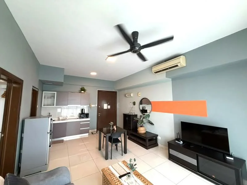 Living features: grey painted walls, white ceiling, 5-blade ceiling fan with light, wall-mounted TV, black TV console, coffee table, dining table for 4, stainless-steel fridge, kitchenette with grey cabinetry, built-in oven, microwave, recessed lighting, air conditioning unit, decorative plant; style: modern.