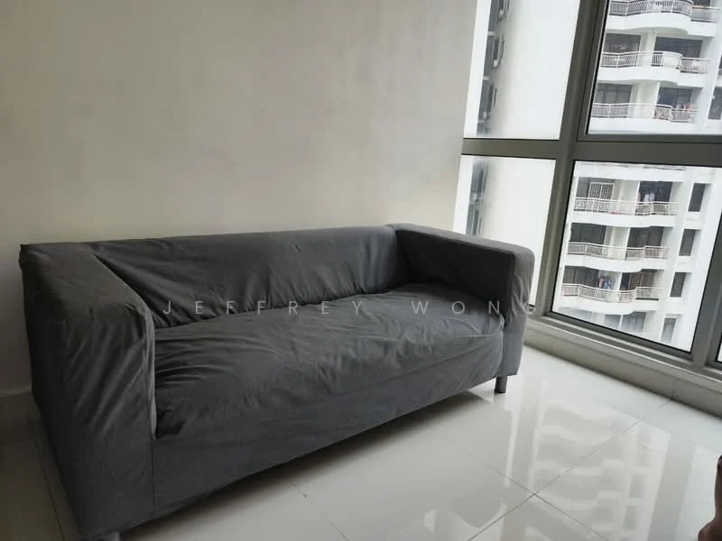 Living features: grey fabric sofa, floor-to-ceiling windows, white painted walls, glossy tile flooring, natural light from windows; style: modern; view: city.